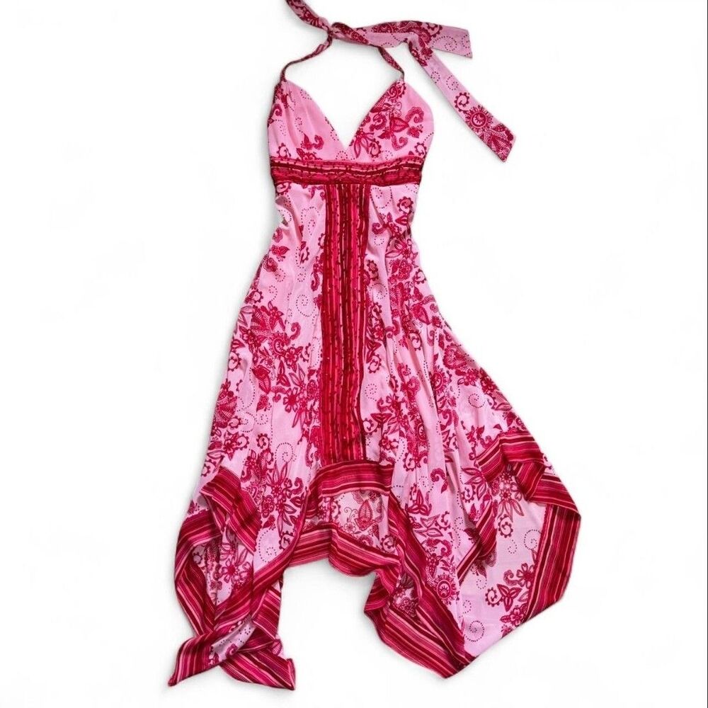 Euro Liz Minelli Y2K Beaded Sequin Floral Handkerchief Asymmetrical Fairy Dress